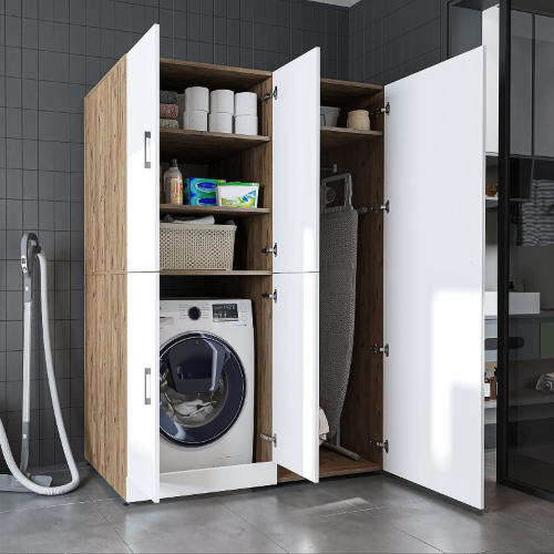 Armadio chiuso mobile lavatrice ripiani portascope 130xH185 rovere bianco Shine-2