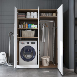 Armadio chiuso mobile lavatrice ripiani portascope 130xH185 rovere bianco Shine-2
