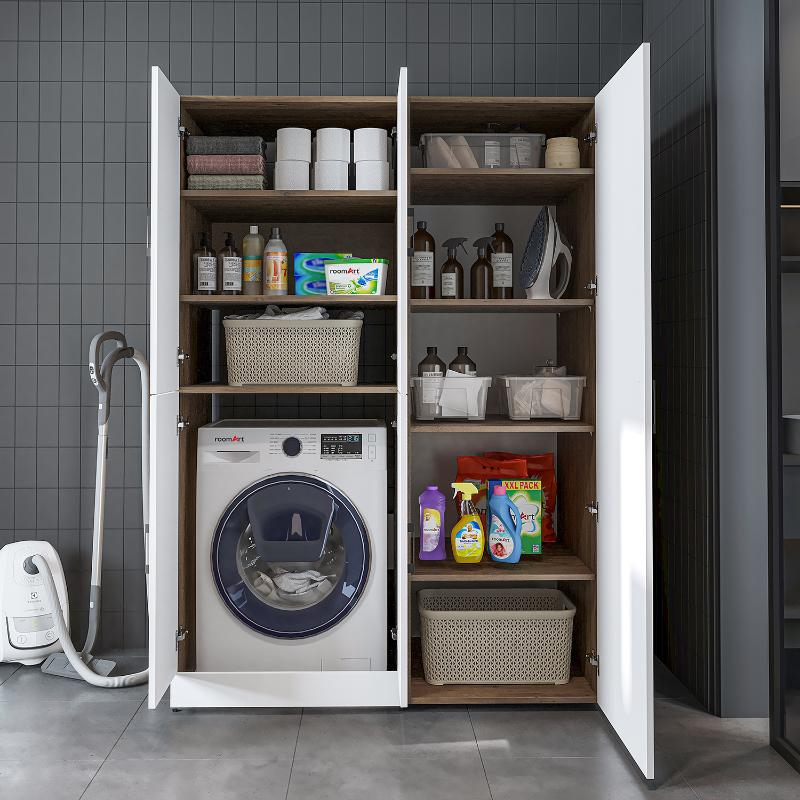 Armadio chiuso mobile lavatrice ripiani portascope 130xH185 rovere bianco Shine-2