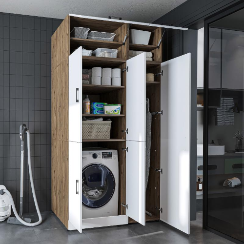 Armadio chiuso mobile lavatrice ripiani portascope 115xH230 rovere bianco Shine-1