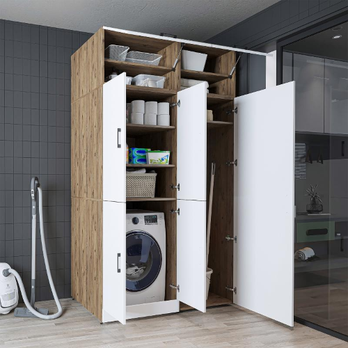 Armadio chiuso mobile lavatrice ripiani portascope 130xH230 rovere bianco Shine-2
