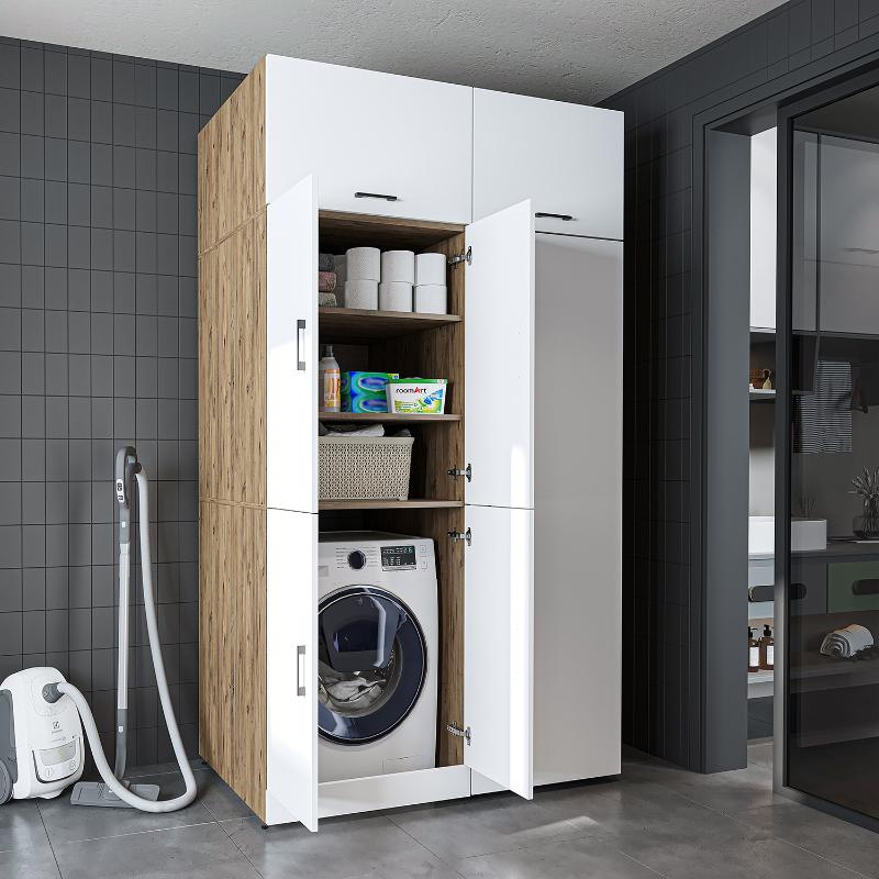 Armadio chiuso mobile lavatrice ripiani portascope 130xH230 rovere bianco Shine-2