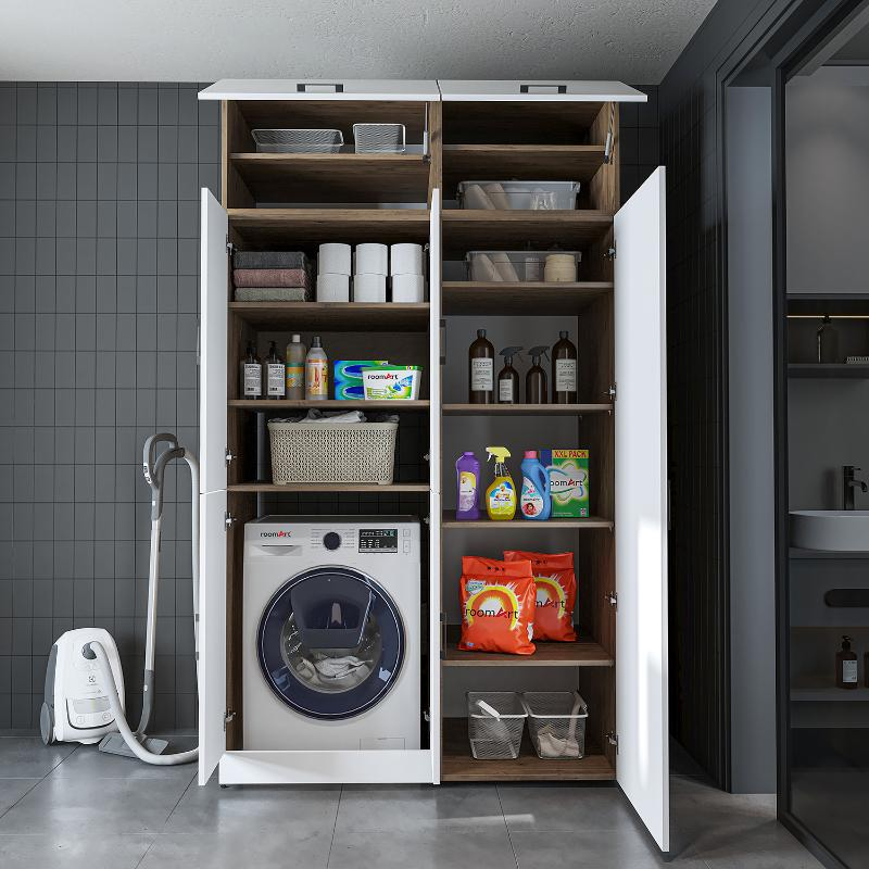 Armadio chiuso mobile lavatrice ripiani portascope 130xH230 rovere bianco Shine-2