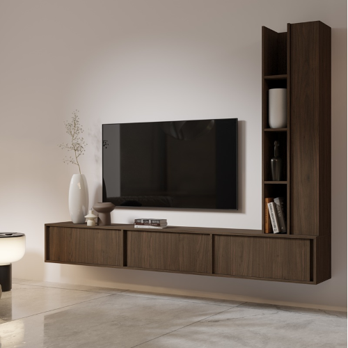 Parete attrezzata soggiorno mobile tv moderno sospeso 230xH185 noce Sole