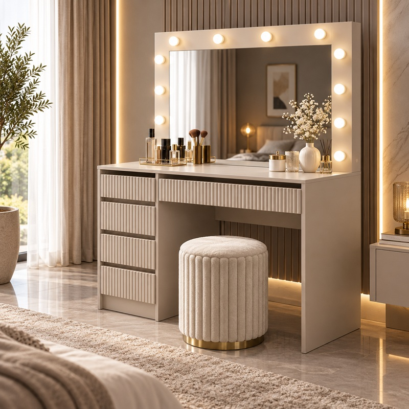 Toeletta trucco con luci moderna salvaspazio specchio 120xH140 beige Style Big