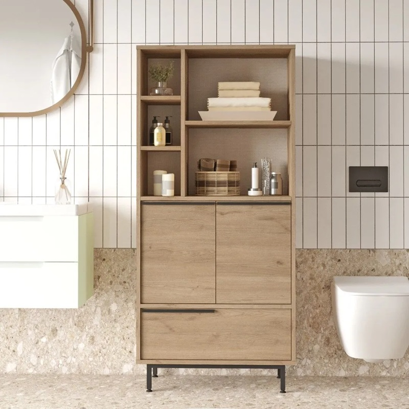Colonna mobile bagno 75xH162 cm moderna vani a giorno 2 ante 1 ribalta rovere Kenzo