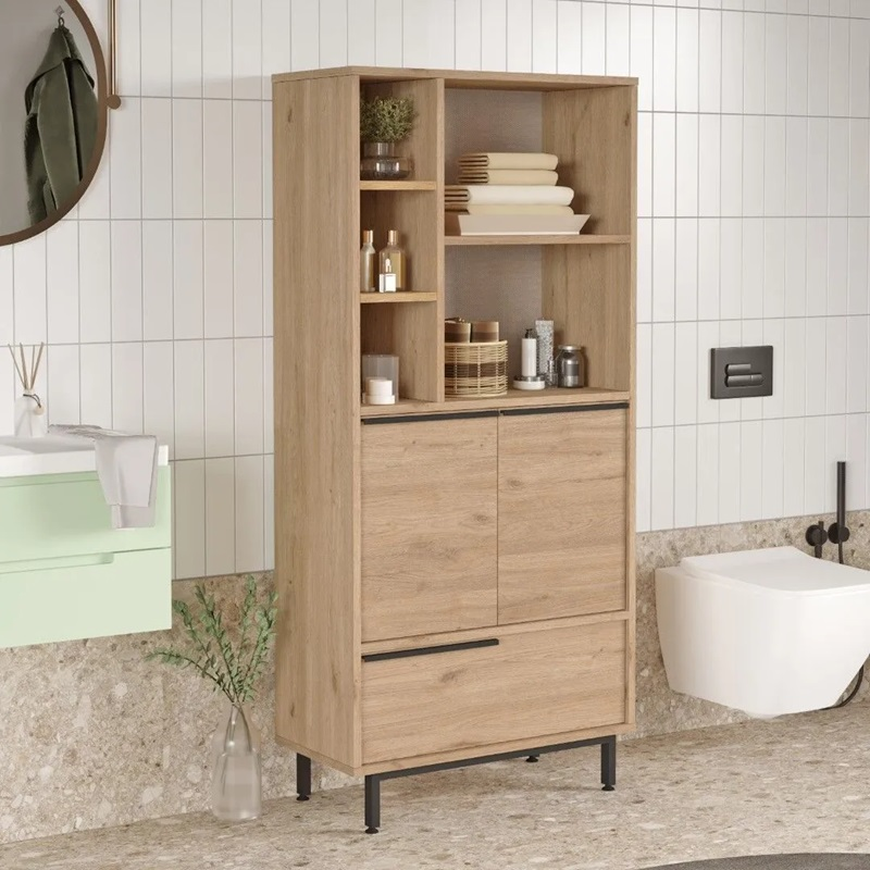 Colonna mobile bagno 75xH162 cm moderna vani a giorno 2 ante 1 ribalta rovere Kenzo