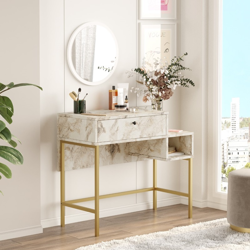 Mobile consolle ingresso salvaspazio specchio toeletta 90 cm marmo bianco oro Victoria