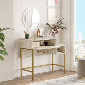 Mobile consolle ingresso salvaspazio specchio toeletta 90 cm marmo bianco oro Victoria