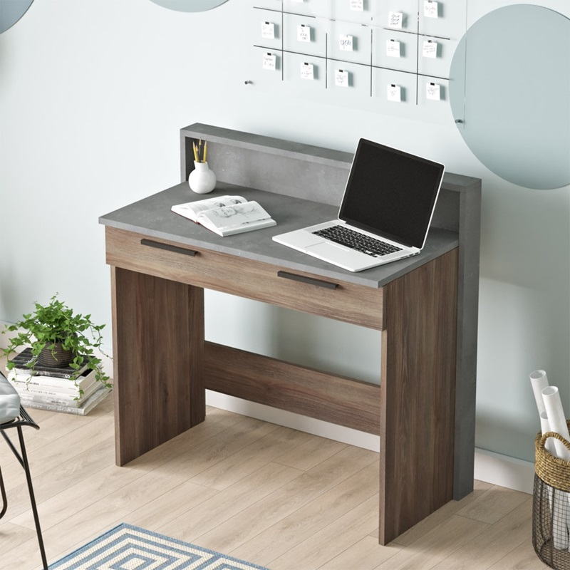 Scrivania consolle moderna salvaspazio ufficio 94xH90 cm design marrone cemento Dexter