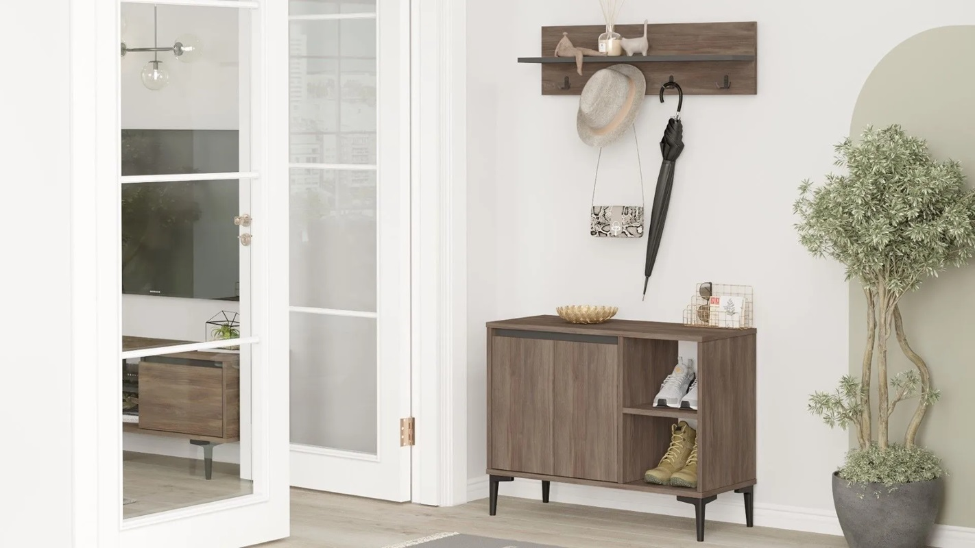 Mobile ingresso moderno scarpiera appendiabiti 90 cm marrone antracite Grace