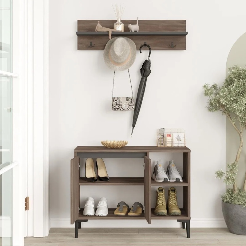 Mobile ingresso moderno scarpiera appendiabiti 90 cm marrone antracite Grace