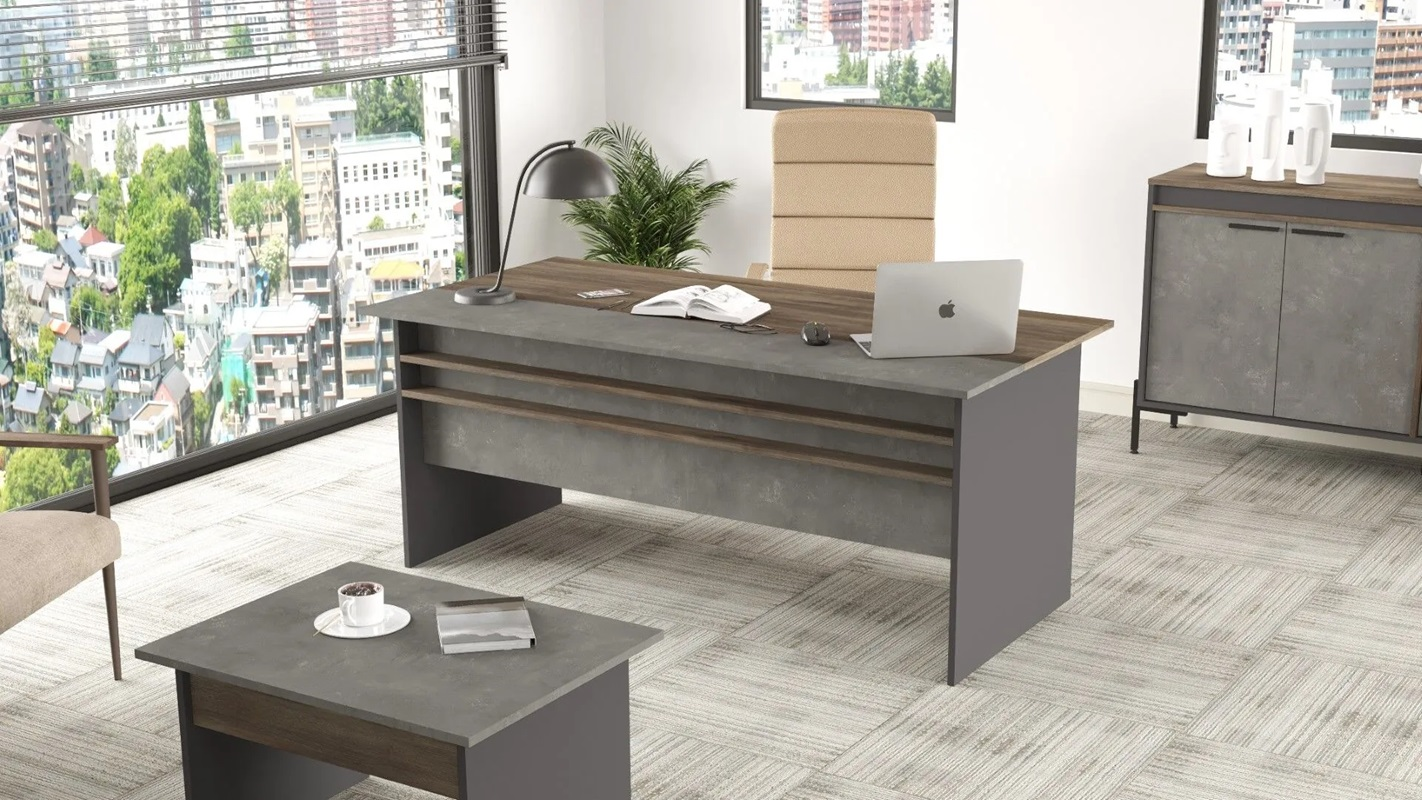 Scrivania ufficio moderna lineare 180xH75 cm rovere scuro antracite ossido Office