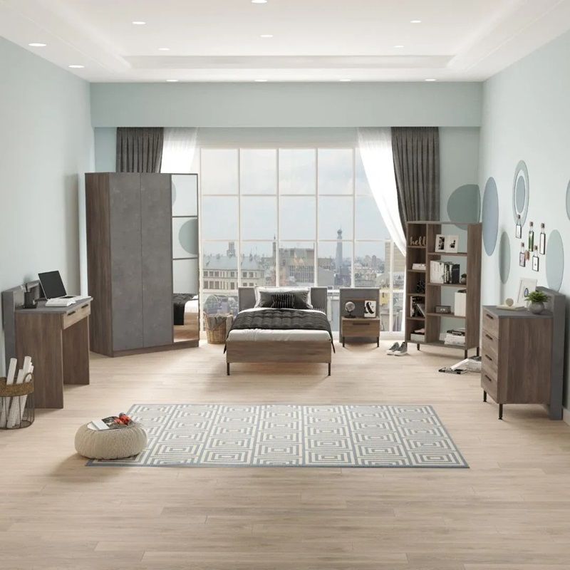 Cameretta bambino completa singola 90x190 cm marrone cemento Dexter-4