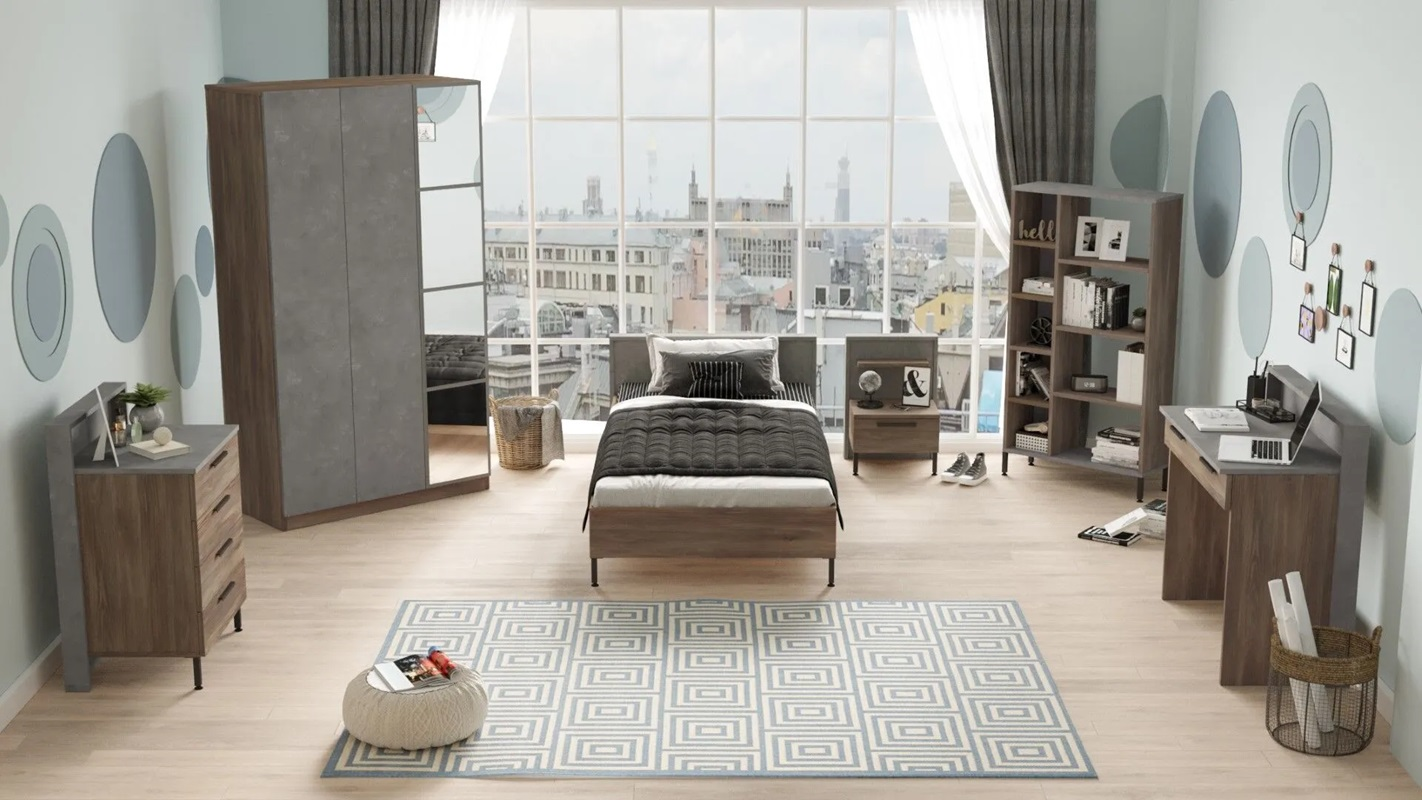 Cameretta bambino completa singola 90x190 cm marrone cemento Dexter-4