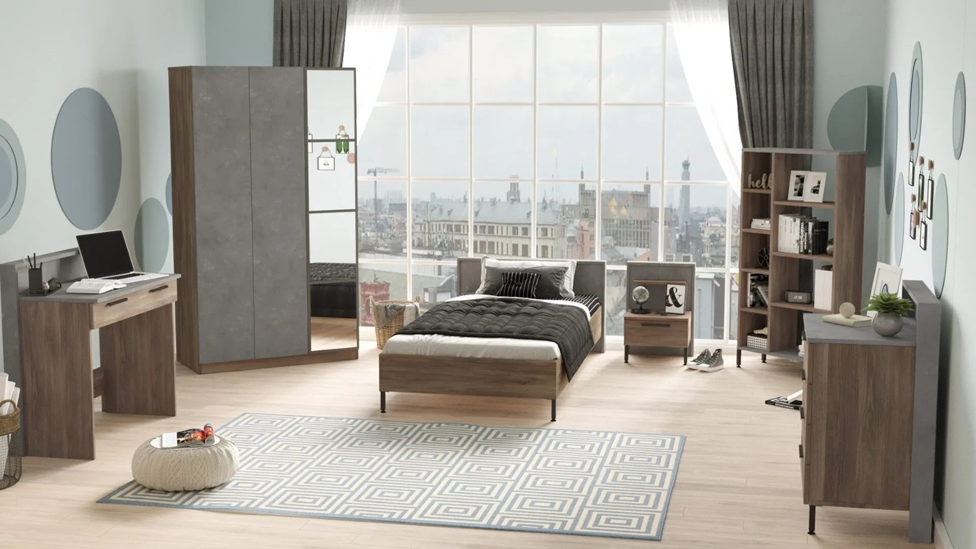 Cameretta bambino completa singola 90x190 cm marrone cemento Dexter-4