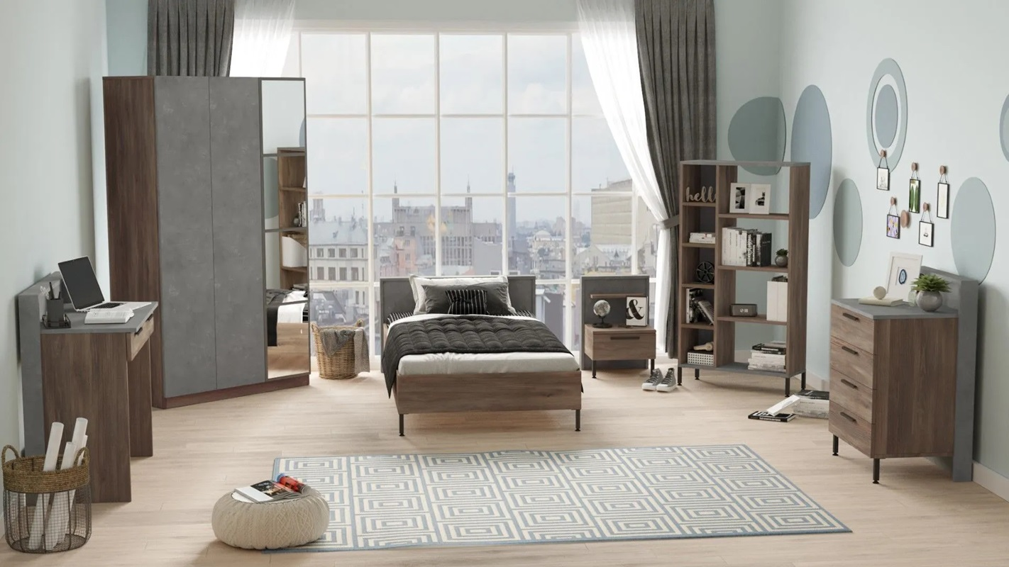 Cameretta bambino completa singola 90x190 cm marrone cemento Dexter-4