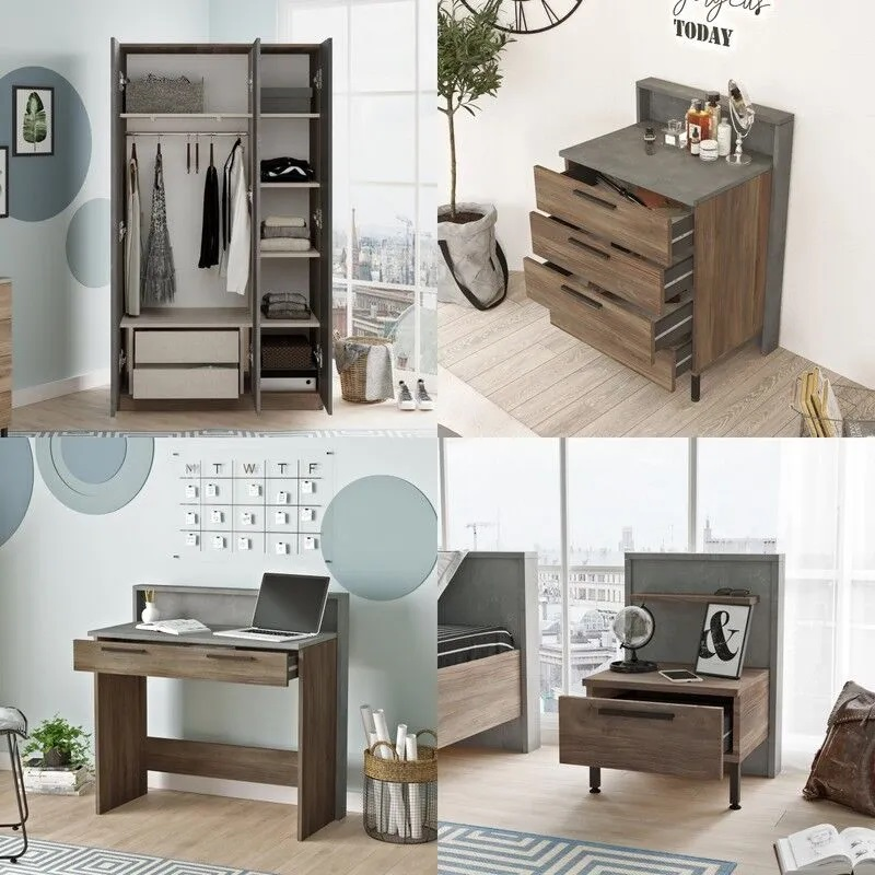 Cameretta bambino completa singola 90x190 cm marrone cemento Dexter-4
