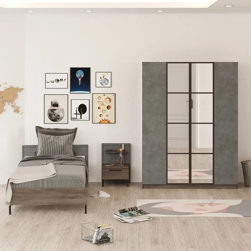 Cameretta bambino completa singola 90x190 cm marrone cemento Dexter-5