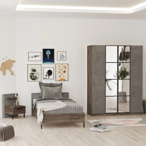 Cameretta bambino completa singola 90x190 cm marrone cemento Dexter-5