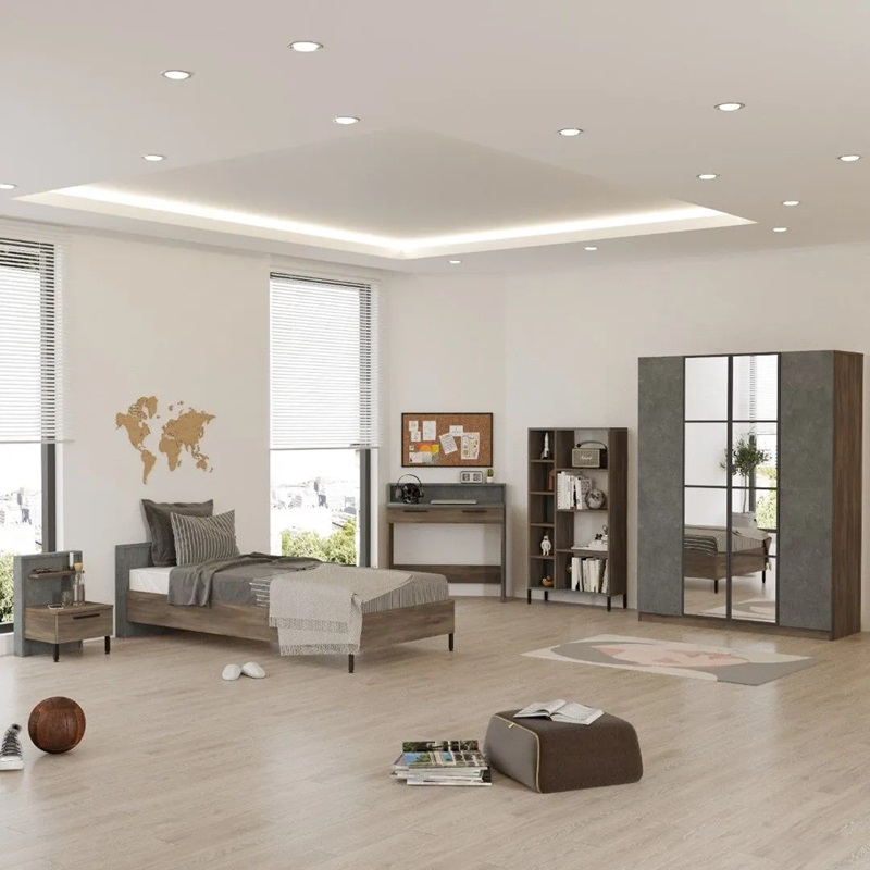 Cameretta bambino completa singola 90x190 cm marrone cemento Dexter-7