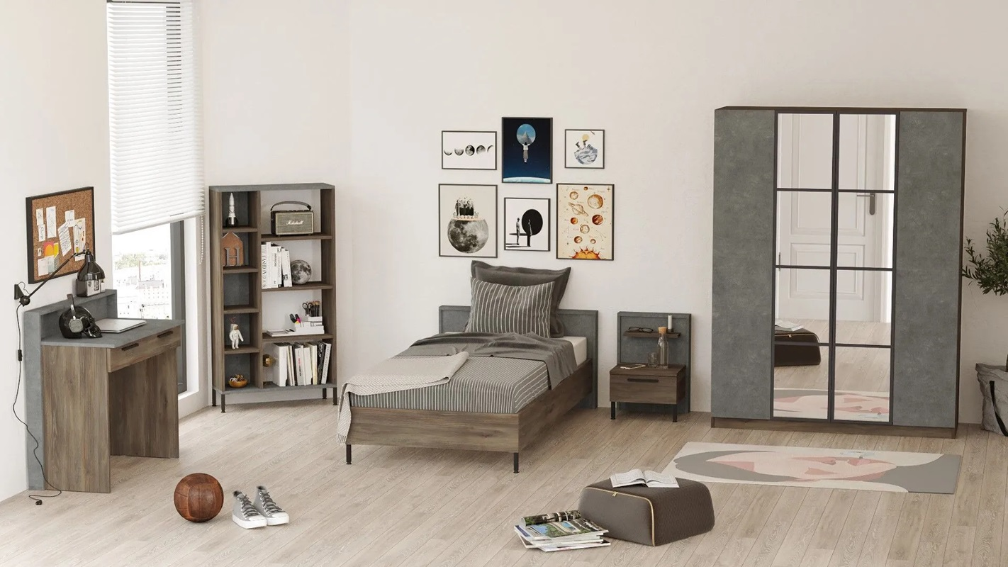 Cameretta bambino completa singola 90x190 cm marrone cemento Dexter-7