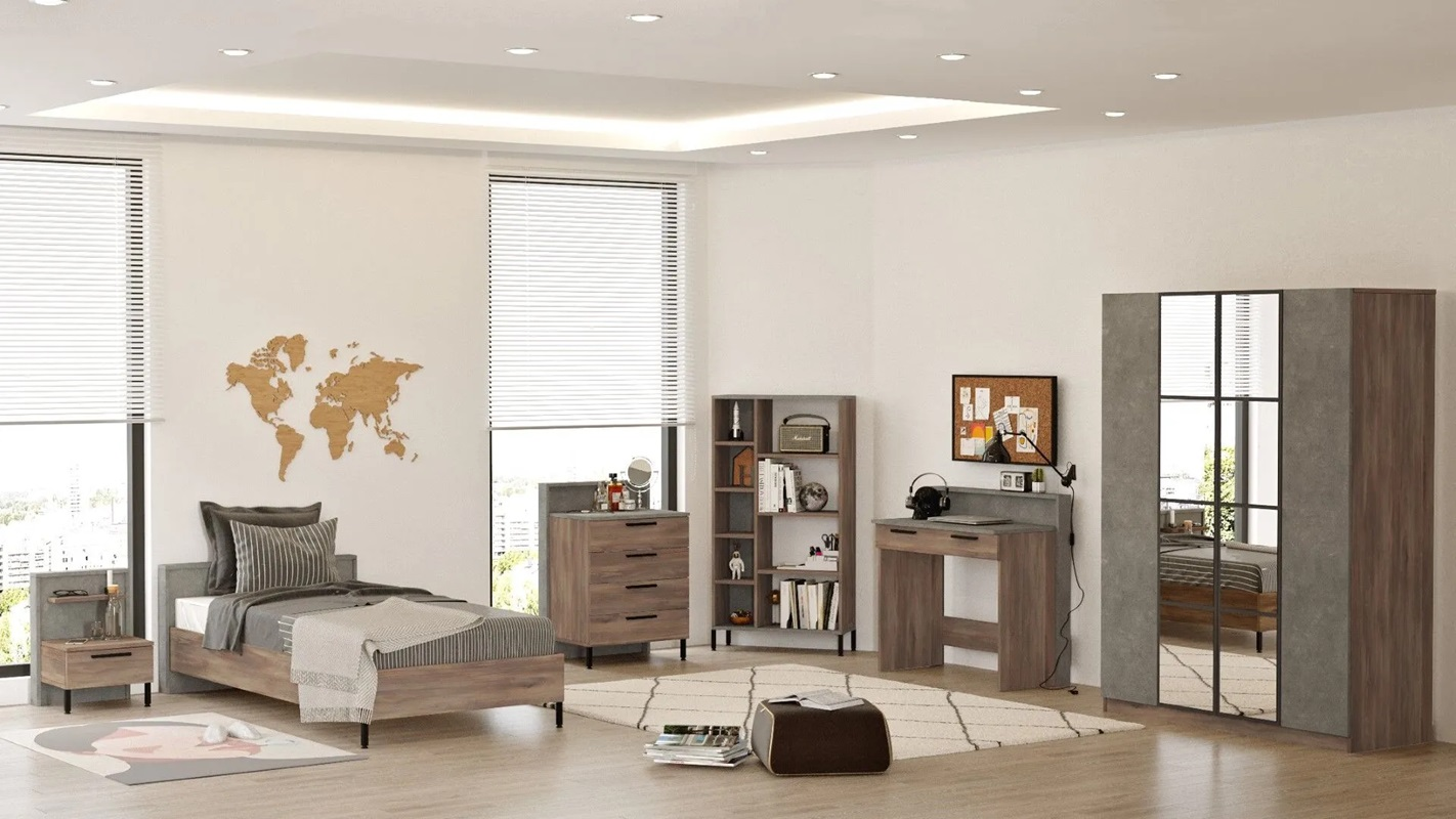 Cameretta bambino completa singola 90x190 cm marrone cemento Dexter-8