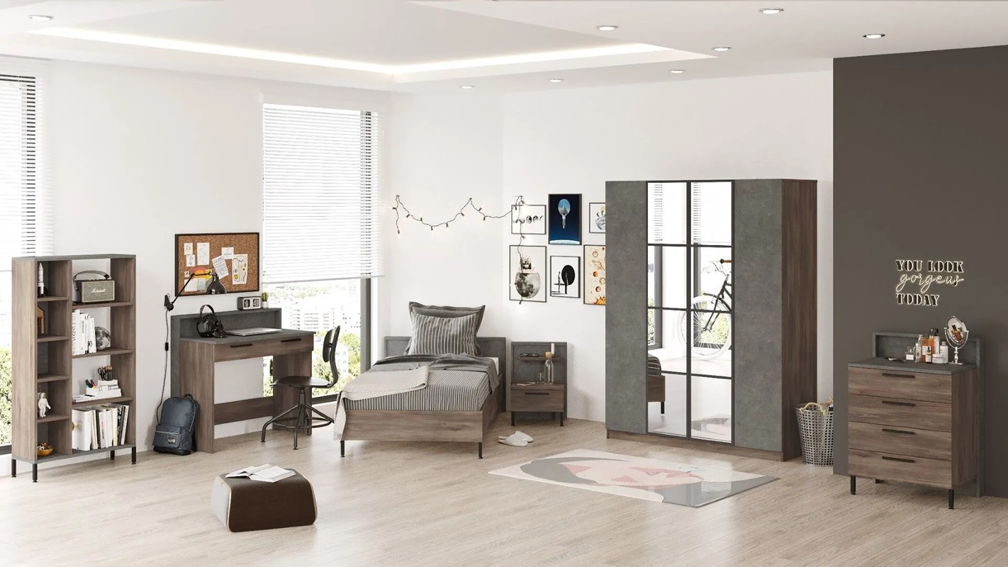 Cameretta bambino completa singola 90x190 cm marrone cemento Dexter-8