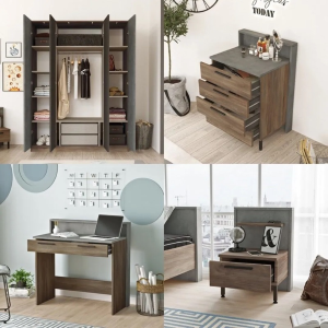 Cameretta bambino completa singola 90x190 cm marrone cemento Dexter-8
