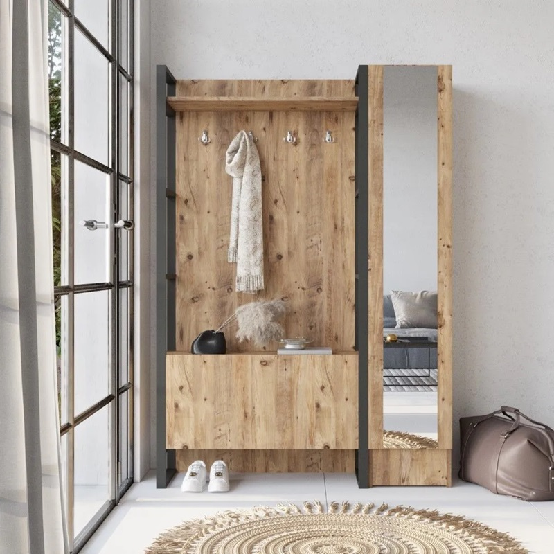 Mobile ingresso moderno industrial 126xH180 cm appendiabiti rovere nero Caius-D
