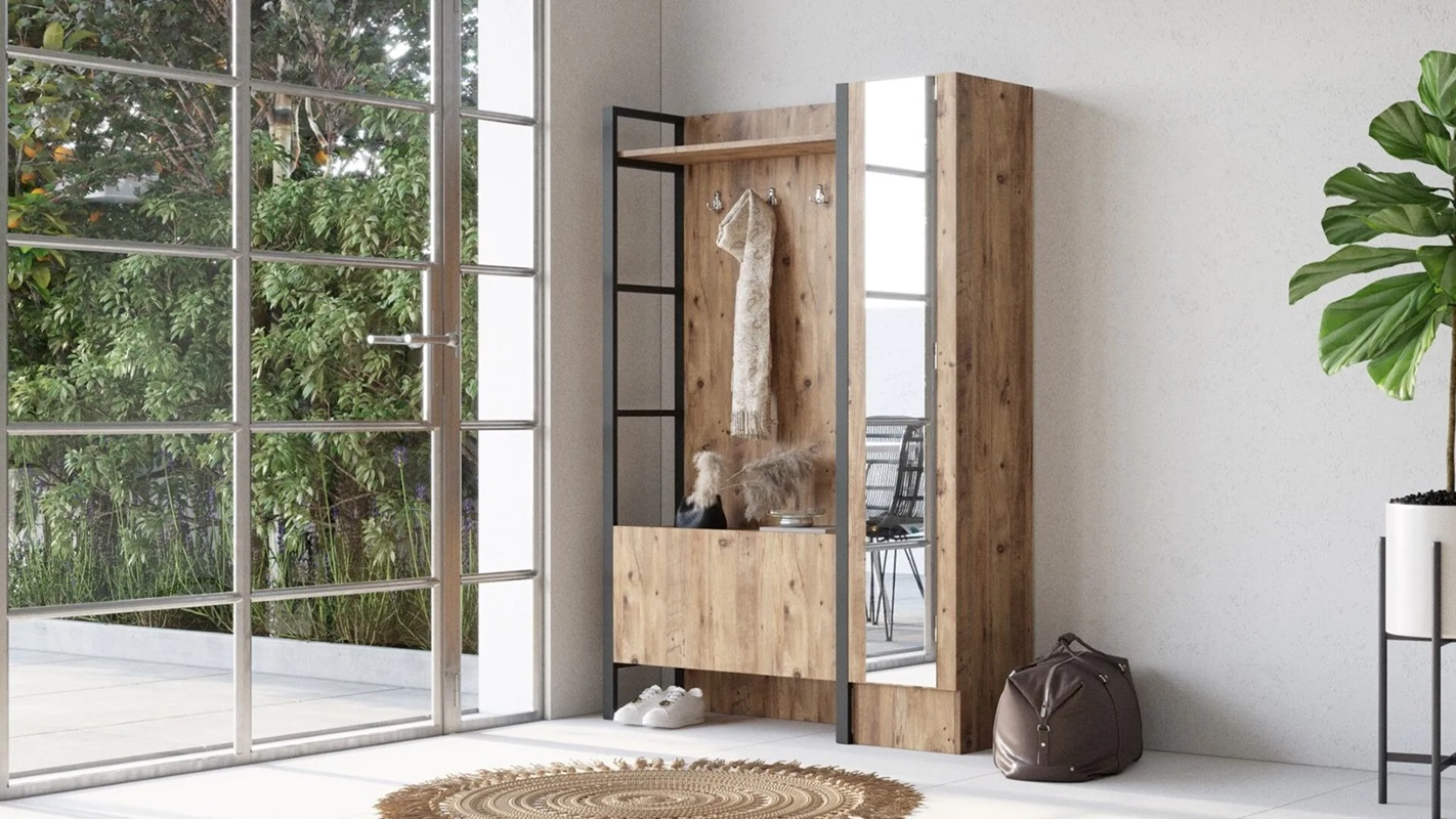 Mobile ingresso moderno industrial 126xH180 cm appendiabiti rovere nero Caius-D