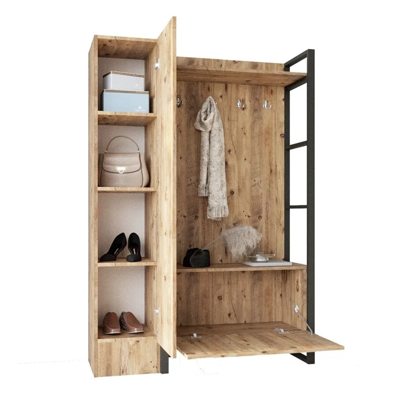 Mobile ingresso moderno industrial 126xH180 cm appendiabiti rovere nero Caius-S