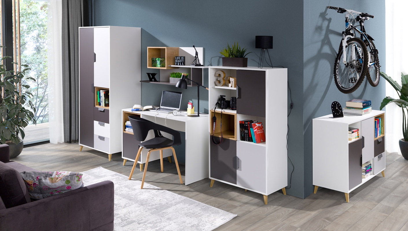 Comò vani a giorno cameretta ragazzi 120xH84 rovere antracite bianco Ala