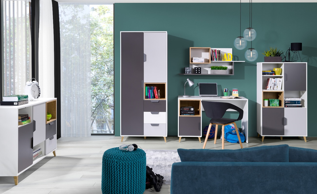 Comò vani a giorno cameretta ragazzi 120xH84 rovere antracite bianco Ala