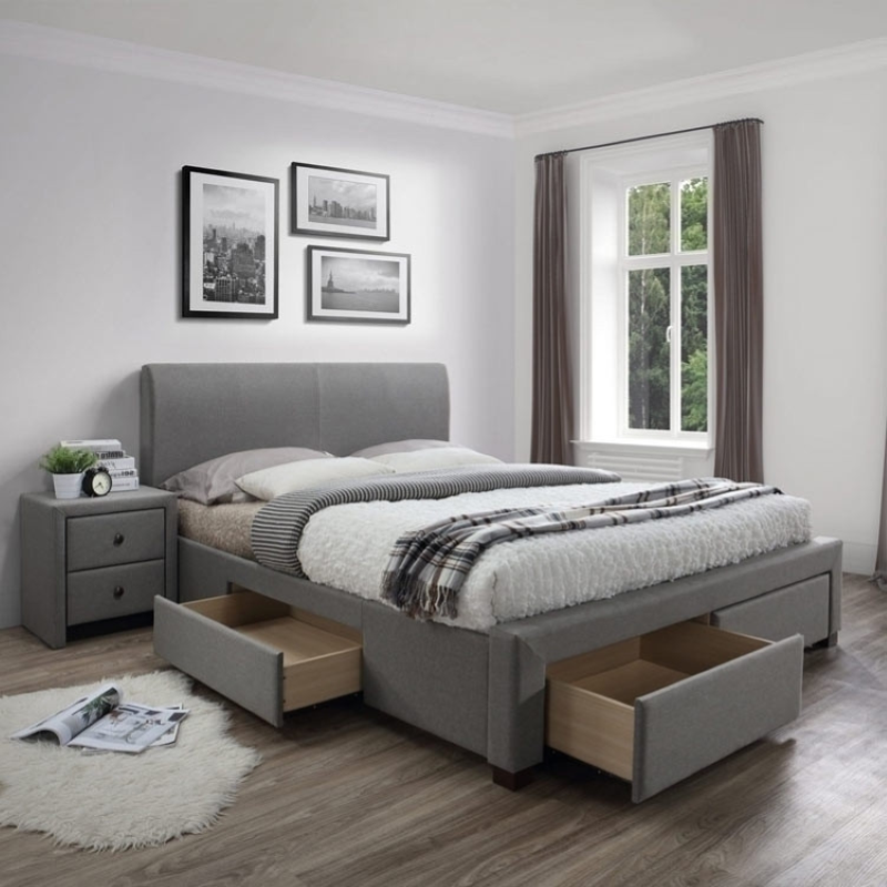 Letto matrimoniale contenitore 160x200 in tessuto grigio cassettoni Venezia