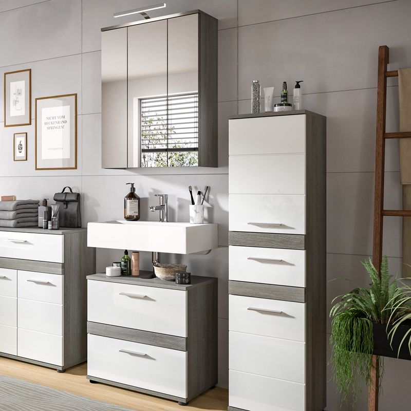 Mobile bagno moderno 60xH191 specchio con led bianco lucido rovere grigio Hollis-8