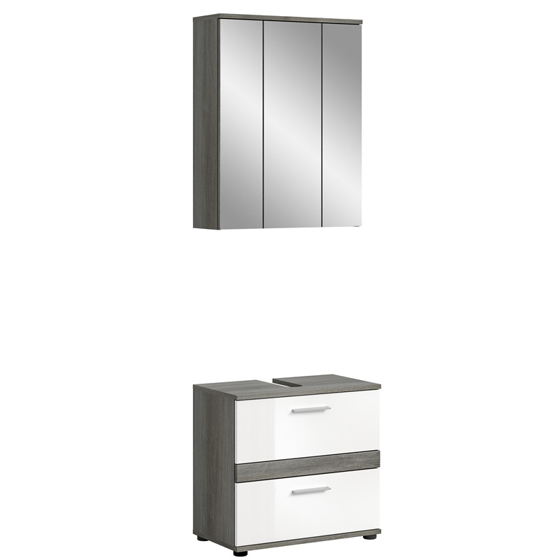 Mobile bagno moderno 60xH191 specchio con led bianco lucido rovere grigio Hollis-8