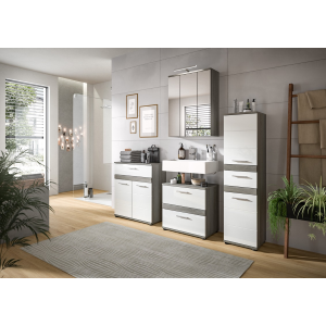 Mobile bagno moderno 60xH191 specchio con led bianco lucido rovere grigio Hollis-8