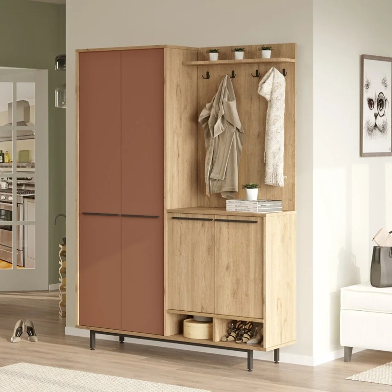 Mobile ingresso moderno 147xH196 cm appendiabiti rovere mattone Tokyo