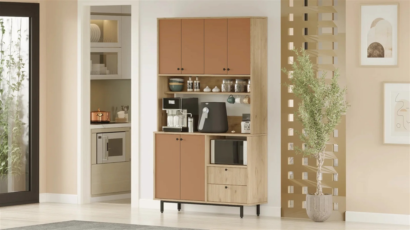 Mobile da cucina dispensa multiuso microonde 120xH205 cm rovere mattone Commis