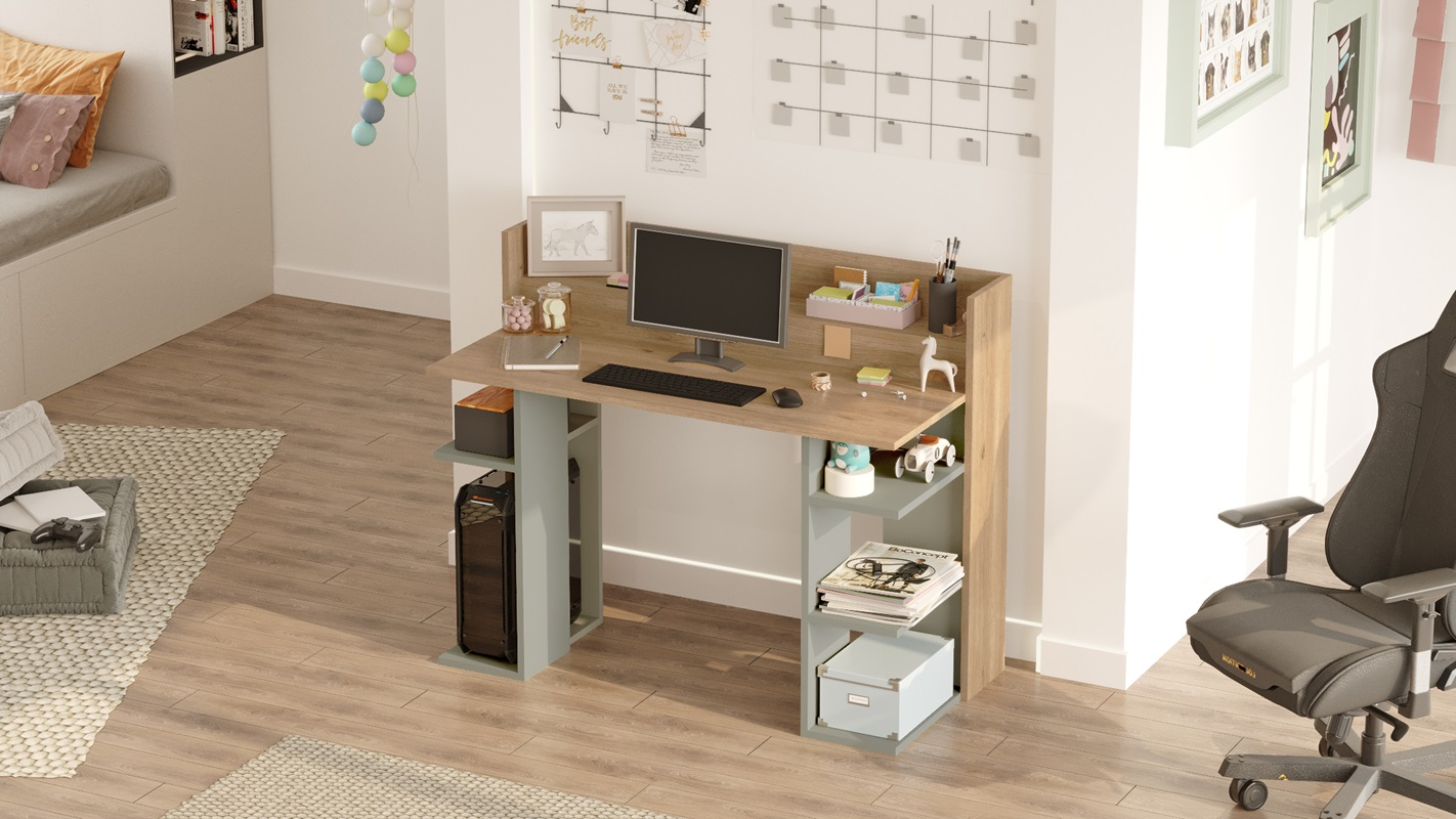 Scrivania moderna attrezzata ufficio 124x58 cm rovere verde Buster