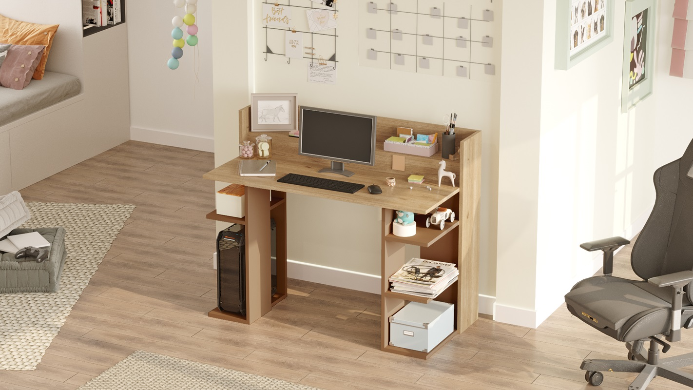 Scrivania moderna attrezzata ufficio 124x58 cm rovere mattone Buster