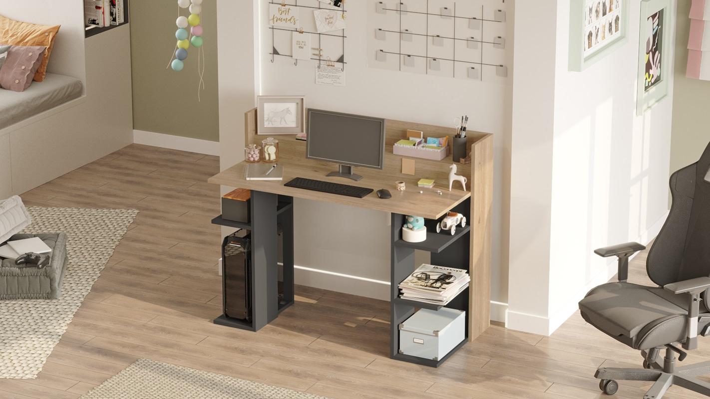 Scrivania moderna attrezzata ufficio 124x58 cm rovere antracite Buster