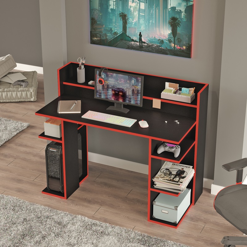 Scrivania moderna attrezzata ufficio gaming 124x58 cm nero rosso Buster