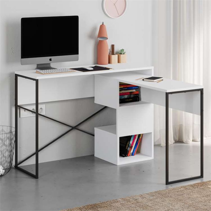Scrivania ufficio moderna salvaspazio angolare 110x77 bianco nero Regan