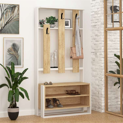 Mobile ingresso moderno 90xH180 appendiabiti bianco rovere Ibra