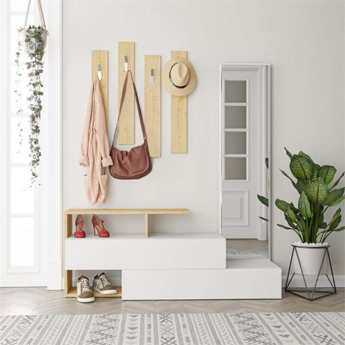Mobile ingresso moderno specchio 137xH154 cm appendiabiti bianco rovere Cooper