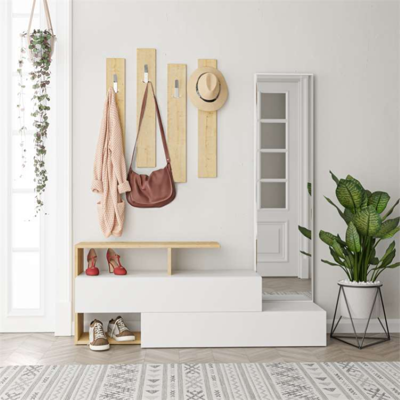 Mobile ingresso moderno specchio 137xH154 cm appendiabiti bianco rovere Cooper