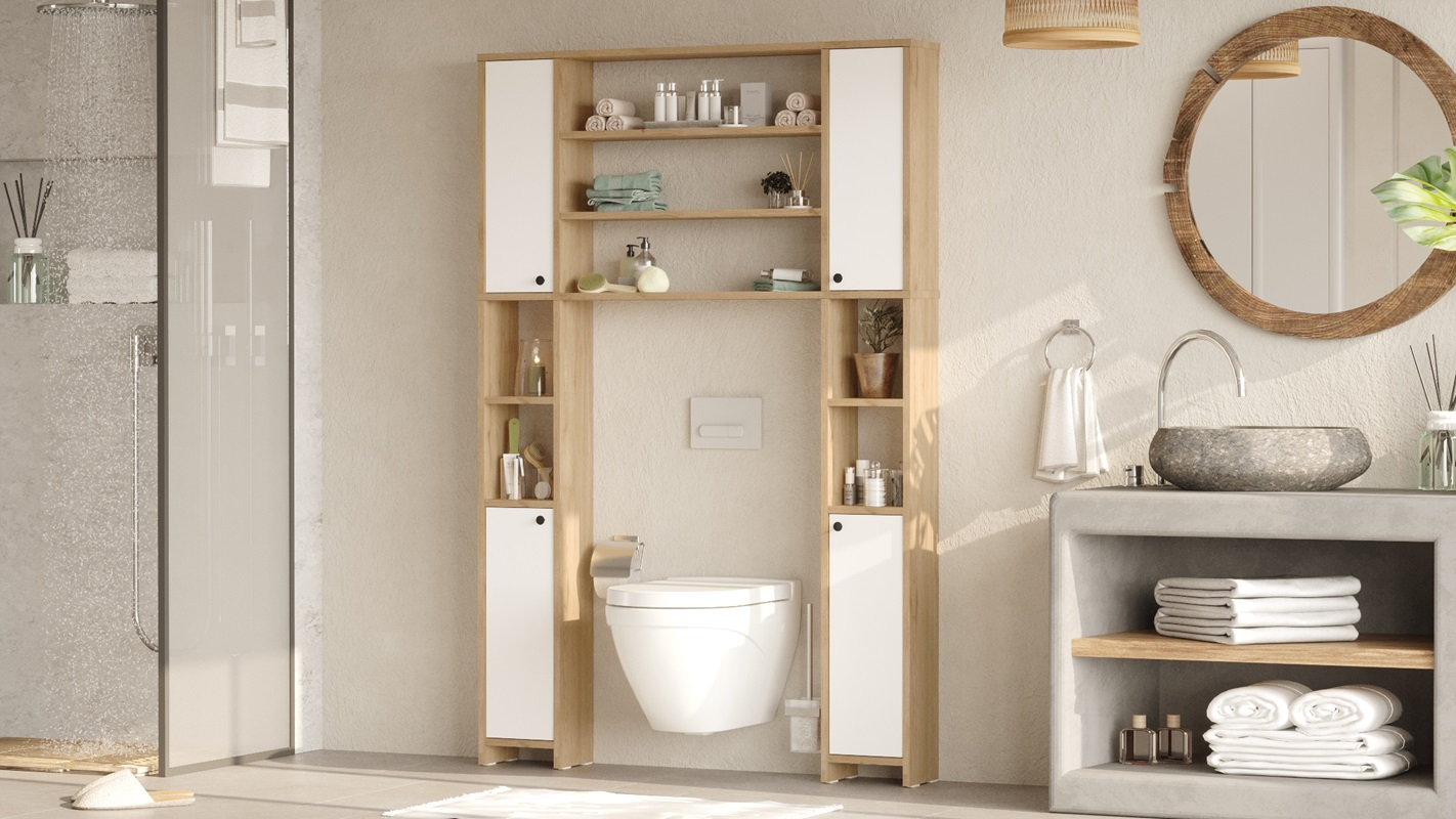 Mobile sopra wc bagno attrezzato colonna 120xH183 cm rovere bianco Square