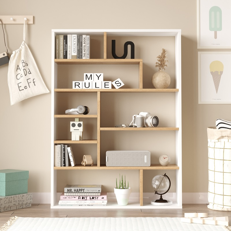 Libreria moderna design soggiorno ufficio 90xH124 rovere bianco Camelia